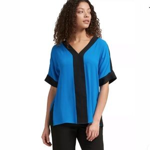 DKNY Colorblocked V-Neck Top Small Blue Black